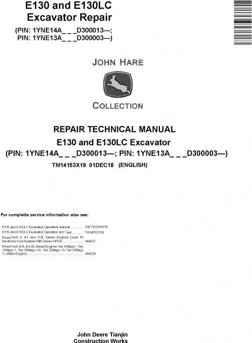 [JD CF] John Deere Excavator E130 E130LC (SN.from D300003) Repair Technical Manual EN TM14153X19 1