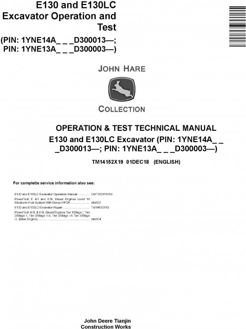 [JD CF] John Deere Excavator E130, E130LC (SN.from D300013) Operation & Test Technical Manual EN TM1