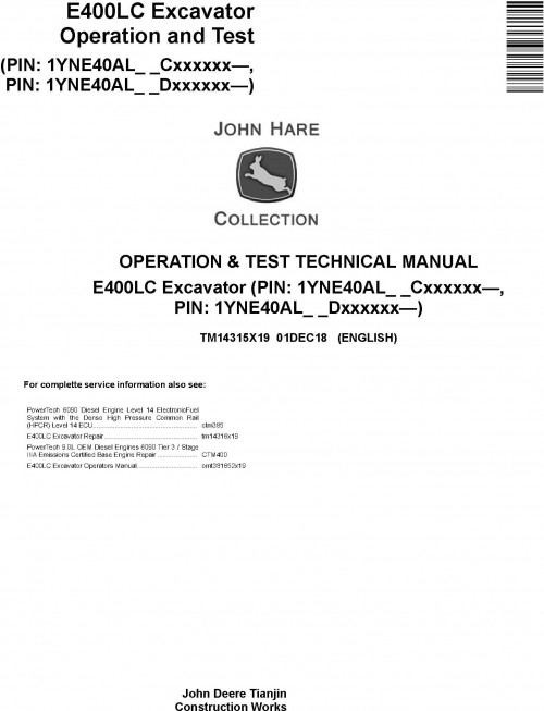 [JD CF] John Deere Excavator E400LC (SN.from C000001,D000001) Operation & Test Technical Manual EN T