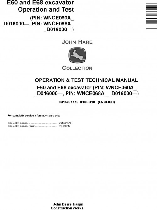 [JD CF] John Deere Wheeled Excavator E60 E68 (SN. from D016000) Operation & Test Technical Manual EN