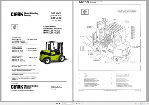 Clark Forklift CDP CGP 40 50 GEF 9620 Parts Manual 4370130 EN DE ES FR