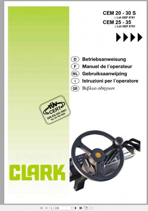 Clark Forklift CEM 20 25 30S 35 GEF 6761 Operator Manual 4340311 OI 765 GEF 09.2000 DE FR NL IT GR