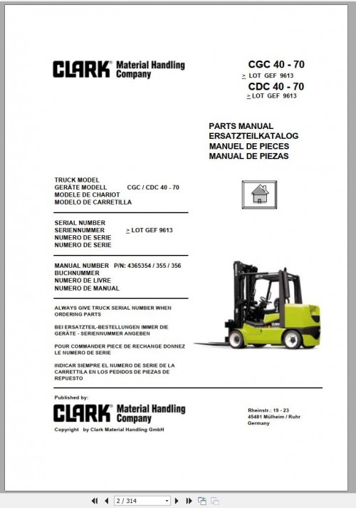 Clark Forklift CGC CDC 40 70 GEF 9613 Parts Manual 4365354 4365356 EN DE ES FR
