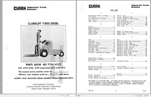 Clark Forklift Y800 Diesel 3795 4575 Parts Manual Y1544575
