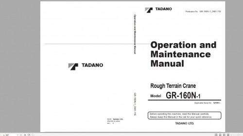 Tadano All Terrain Crane GR 160N 1 GR160N 1 525790 Circuit Diagram Operation Part Catalog Service Ma