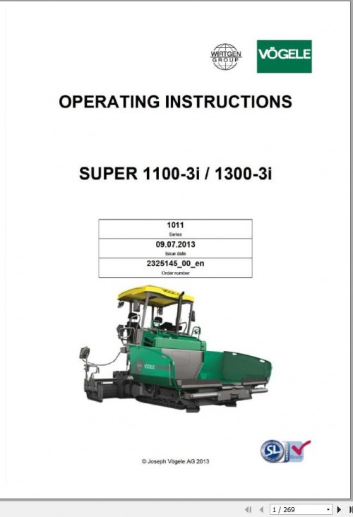 Vogele Road Pavers Super 1100 3i 1300 3i Operating Instruction 1