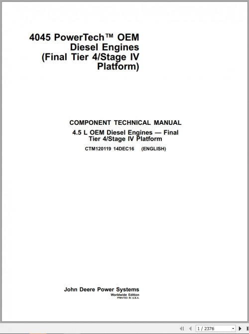 John Deere Diesel Engine 4045 PowerTech OEM Tier 4F Technical Manual CTM120119 1