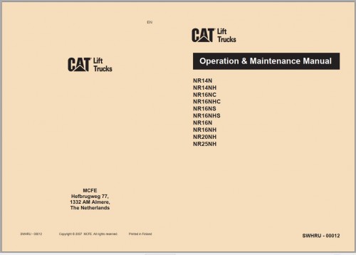 CAT Forklift NR25NH Service, Operation & Maintenance Manual