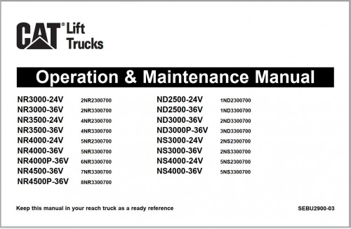 CAT Forklift NR3000 24V Operation & Maintenance Manual
