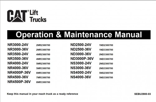 CAT Forklift NR4000 24V Operation & Maintenance Manual