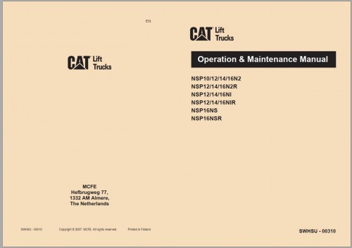 CAT Forklift NSP10N2R Service, Operation & Maintenance Manual