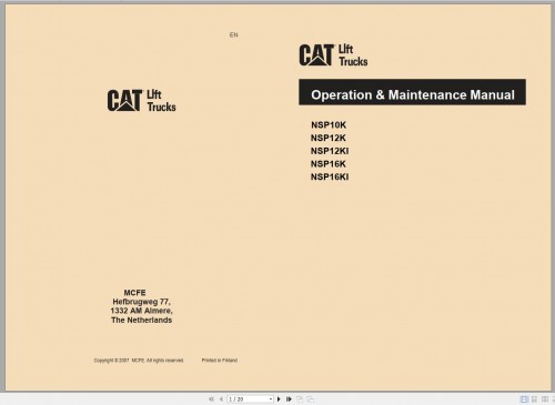 CAT Forklift NSP12K Service, Operation & Maintenance Manual