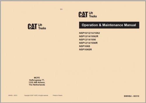 CAT Forklift NSP12N2 NSP14N2 NSP14N2I NSP16N2 NSP16N2I NSP16N2S Service, Operation & Maintenance Man