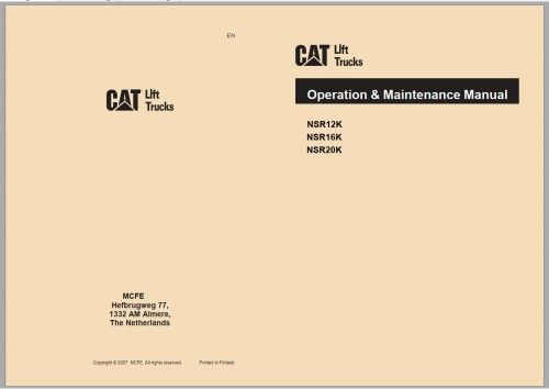 CAT Forklift NSR12K NSR16K NSR20K Service, Operation & Maintenance Manual