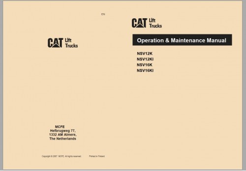 CAT Forklift NSV12K NSV16K NSV16KI Service, Operation & Maintenance Manual