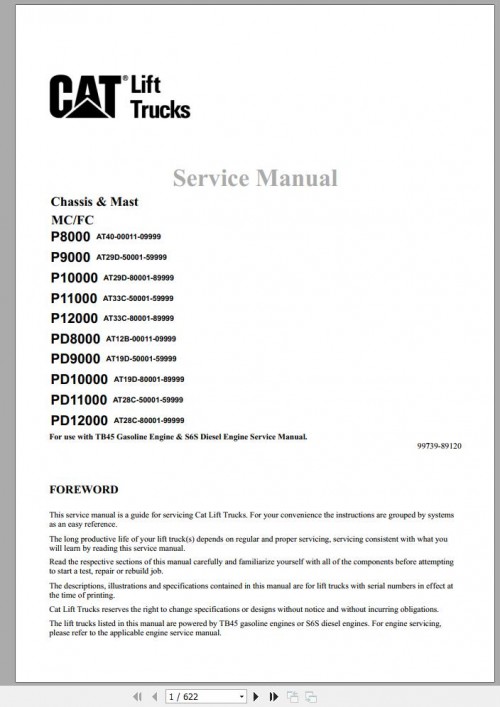 CAT Forklift P10000 P11000 P12000 Schematic, Service, Operation & Maintenance Manual