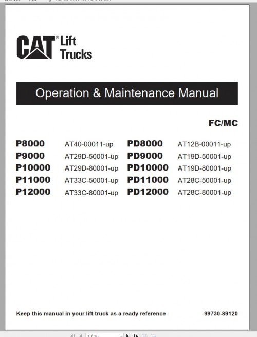 CAT Forklift P10000 P11000 P12000 Schematic, Service, Operation & Maintenance Manual 1