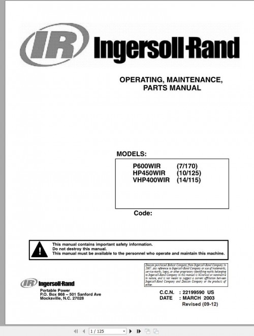 Ingersoll Rand Portable Compressor 14 115 Parts Manual, Operation and Maintenance Manual 2014
