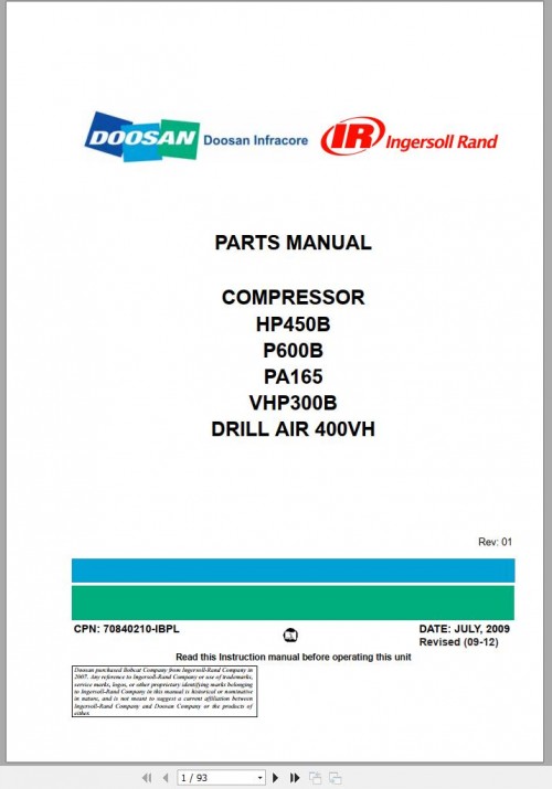 Ingersoll Rand Portable Compressor DRILL AIR 400VH Parts Manual 2012