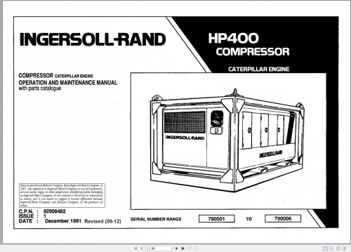 Ingersoll Rand Portable Compressor HP400 Parts Manual, Operation and Maintenance Manual 2012