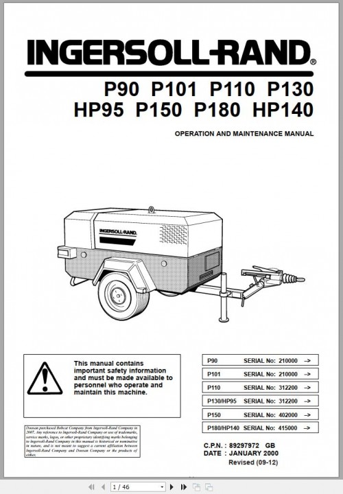 Ingersoll Rand Portable Compressor P101 Parts Manual, Operation and Maintenance Manual 2012
