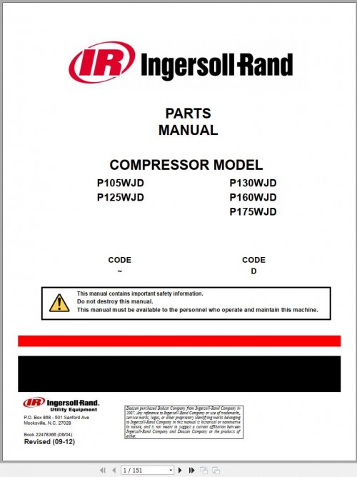 Ingersoll Rand Portable Compressor P105 Parts Manual, Operation and Maintenance Manual 2012