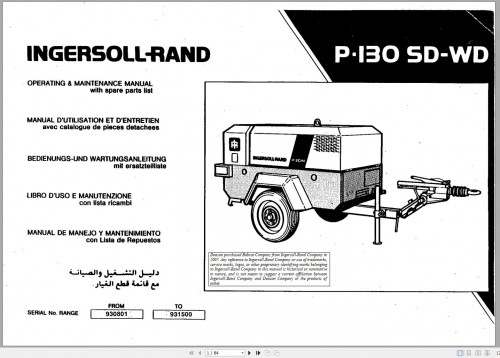 Ingersoll Rand Portable Compressor P130 Parts Manual, Operation and Maintenance Manual 2012