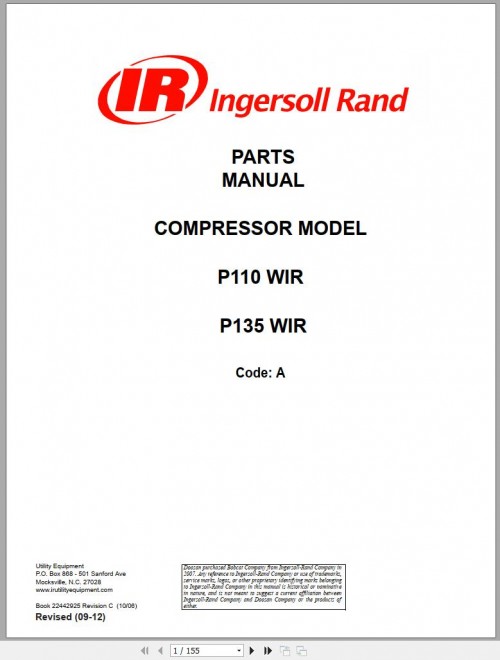 Ingersoll Rand Portable Compressor P135 Parts Manual, Operation and Maintenance Manual 2012