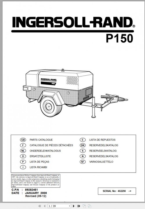 Ingersoll Rand Portable Compressor P150 Parts Manual, Operation and Maintenance Manual 2012