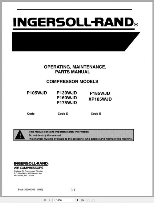 Ingersoll Rand Portable Compressor P175 Parts Manual, Operation and Maintenance Manual 2012