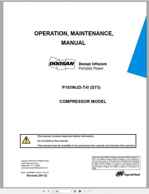 Ingersoll Rand Portable Compressor P185 Parts Manual, Operation and Maintenance Manual 2012