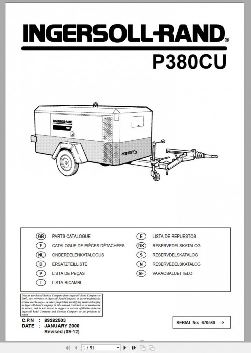 Ingersoll Rand Portable Compressor P380CU Parts Manual 2012