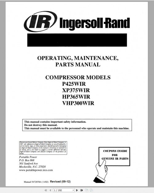 Ingersoll Rand Portable Compressor P425 Parts Manual, Operation and Maintenance Manual 2015