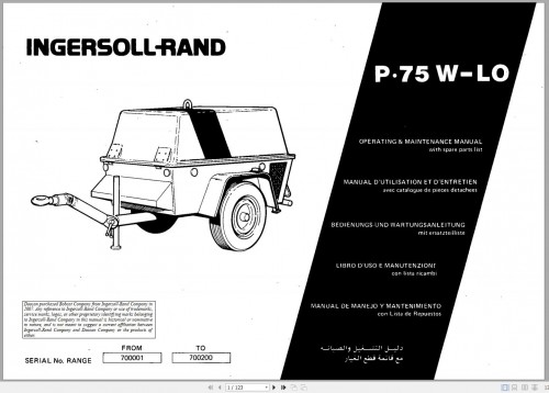 Ingersoll Rand Portable Compressor P75WLO Parts Manual, Operation and Maintenance Manual 2012