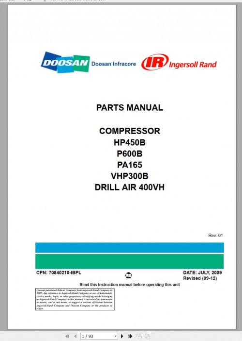 Ingersoll Rand Portable Compressor PA165 Parts Manual 2012