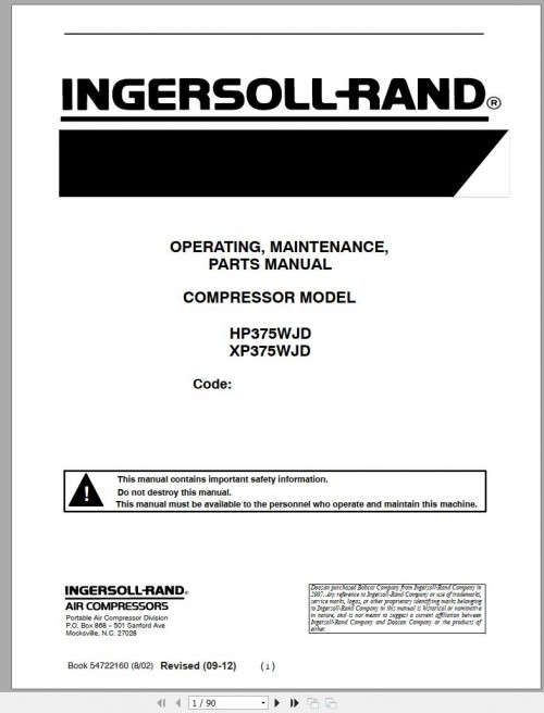 Ingersoll Rand Portable Compressor VHP300 Parts Manual, Operation and Maintenance Manual 2015
