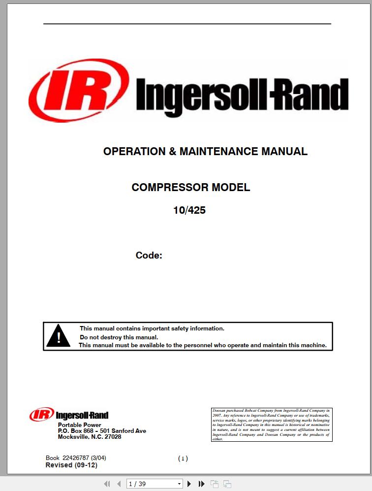 Ingersoll Rand Portable Compressor 10/425 Parts Manual, Operation and ...