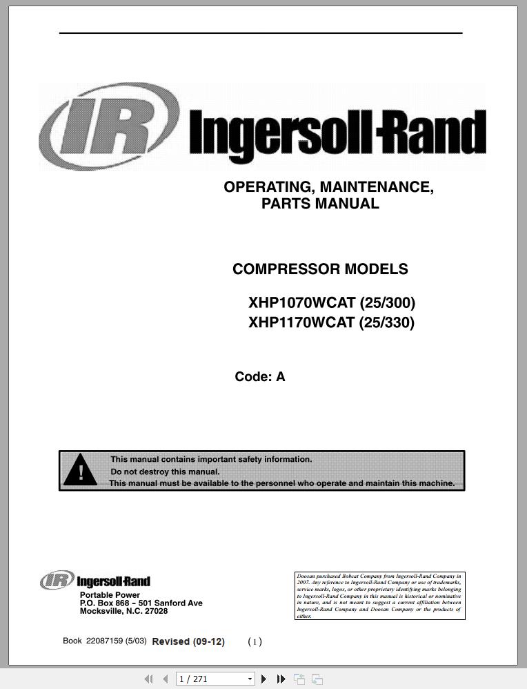 Ingersoll Rand Portable Compressor XHP1170 Parts Manual, Operation and