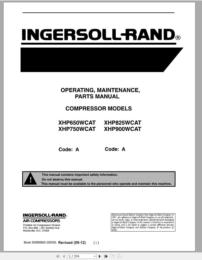 Ingersoll Rand Portable Compressor XHP750 Parts Manual, Operation and ...