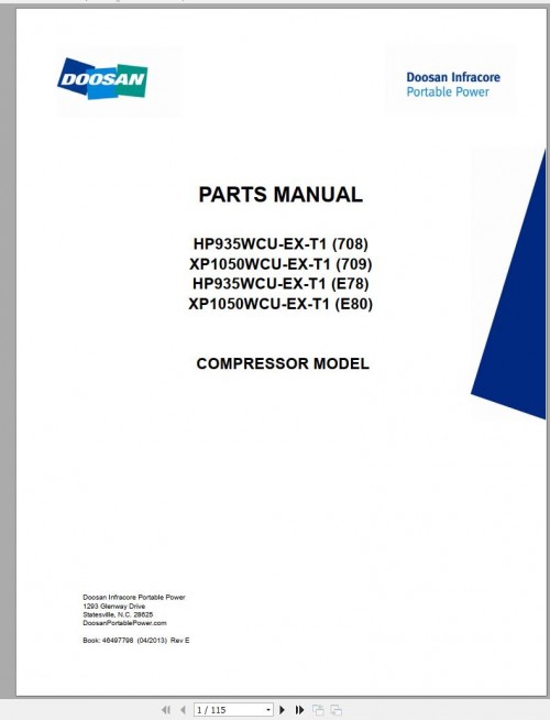 Ingersoll Rand Portable Compressor XP1050 Parts Manual 2013 1