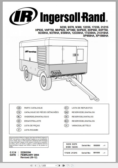 Ingersoll Rand Portable Compressor XP1060 Parts Manual 2012