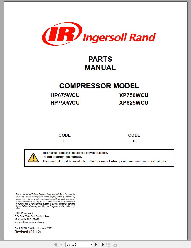 Ingersoll Rand Portable Compressor XP825 Parts Manual, Operation and ...