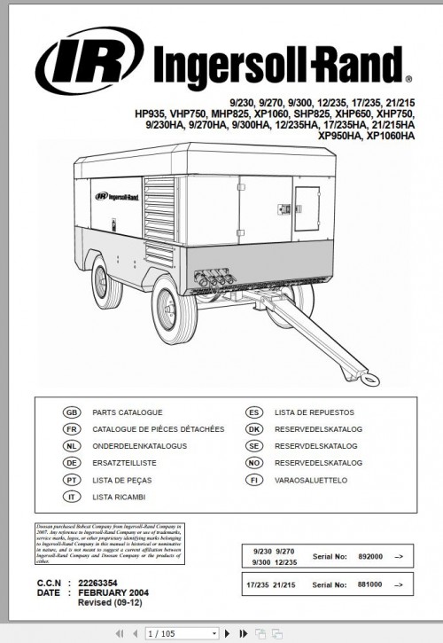 Ingersoll Rand Portable Compressor XP950 Parts Manual 2012