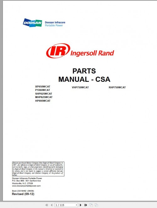 Ingersoll Rand Portable Compressor XP950 Parts Manual 2012 1