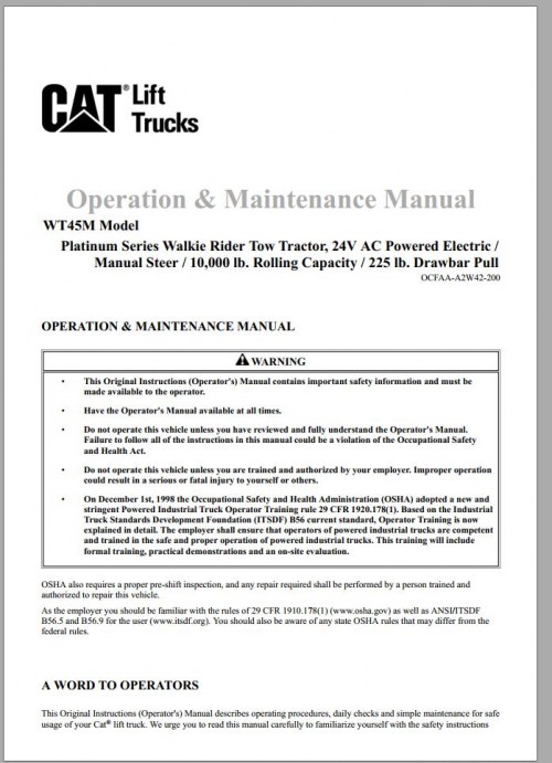 CAT Forklift WT45BM Service, Operation & Maintenance Manual