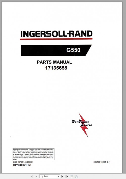 Ingersoll Rand Generator G550 Parts Manual 2017