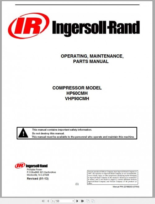 Ingersoll Rand Compressor Modules VHP90CMH Part Manual, Operation and Maintenance Manual 2013