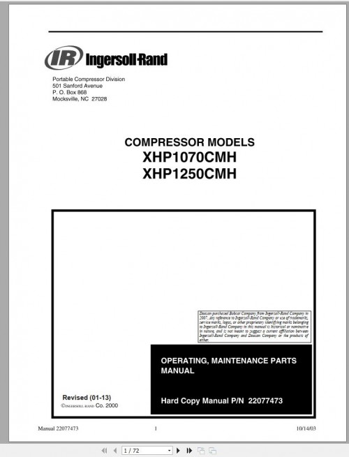 Ingersoll Rand Compressor Modules XHP1250CMH Part Manual, Operation and Maintenance Manual 2013