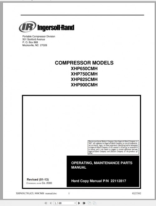 Ingersoll Rand Compressor Modules XHP750CMH Part Manual, Operation and Maintenance Manual 2013