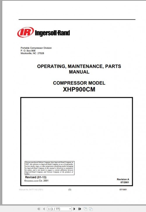 Ingersoll Rand Compressor Modules XHP900CM Part Manual, Operation and Maintenance Manual 2013
